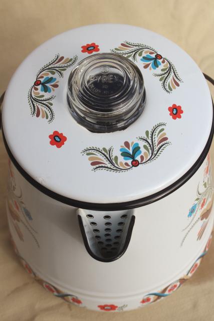vintage Berggren enamelware one gallon coffee pot percolator, rosemaled design