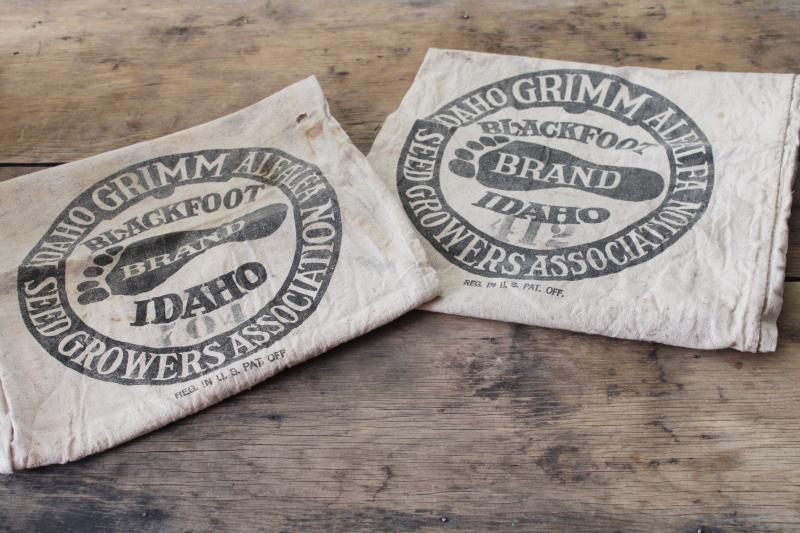 vintage Blackfoot Idaho Alfalfa seed sacks, foot print logo printed cotton feedsack