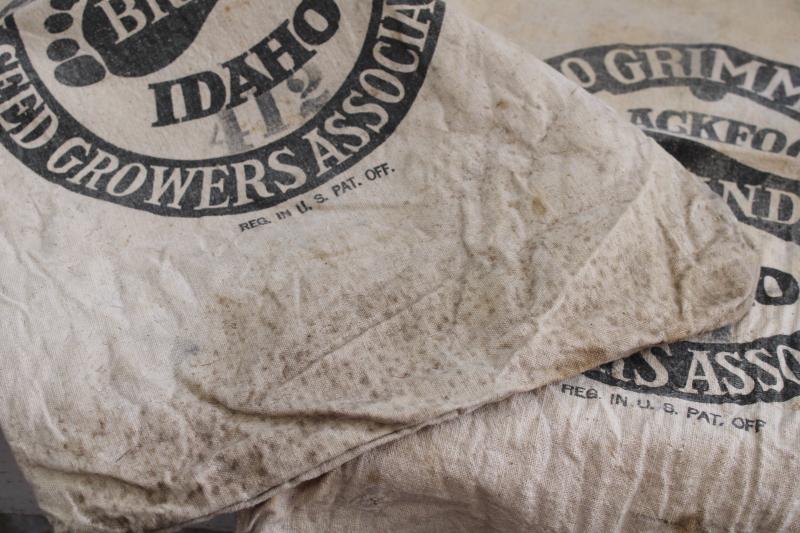 vintage Blackfoot Idaho Alfalfa seed sacks, foot print logo printed cotton feedsack