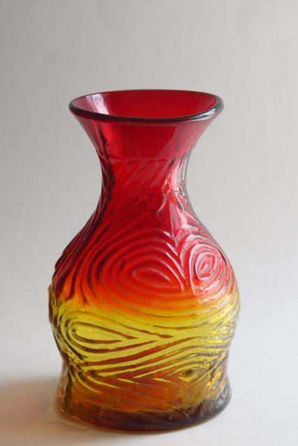 vintage Blenko amberina orange art glass vase, Myers design textured glass 1969