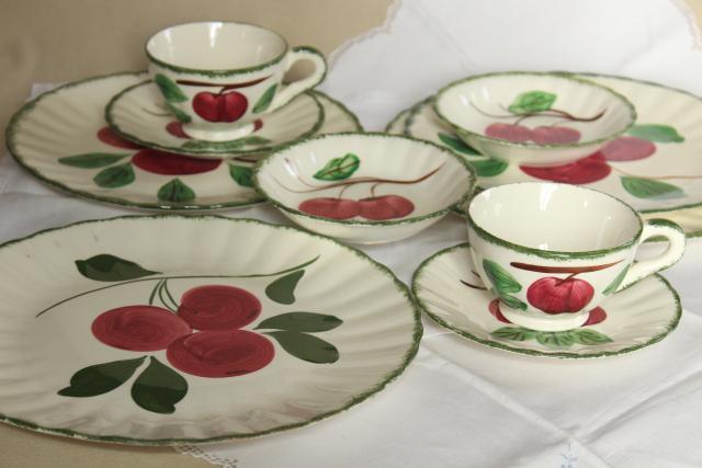 vintage Blue Ridge pottery hand painted china dishes, red apple crabapple pattern