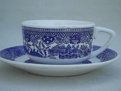 vintage Blue Willow china cups & saucers, bowls - breakfast set for 2