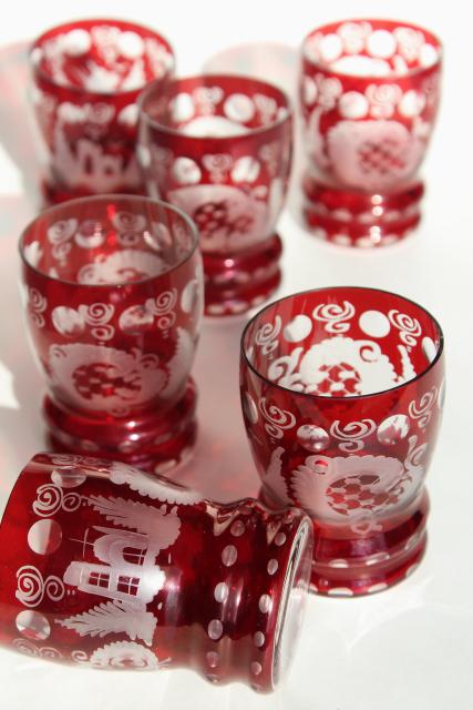 vintage Bohemian glass tumblers, ruby cut to clear crystal set of 6 glasses