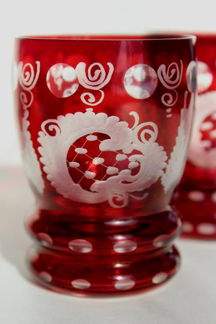 vintage Bohemian glass tumblers, ruby cut to clear crystal set of 6 glasses