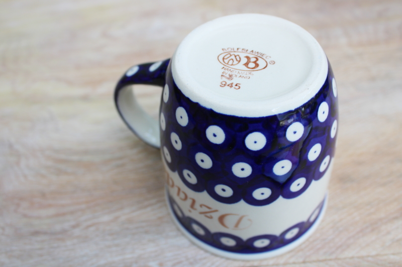 vintage Boleslawiec Polish pottery mug, Dziadek (Grandpa) hand painted coffee cup