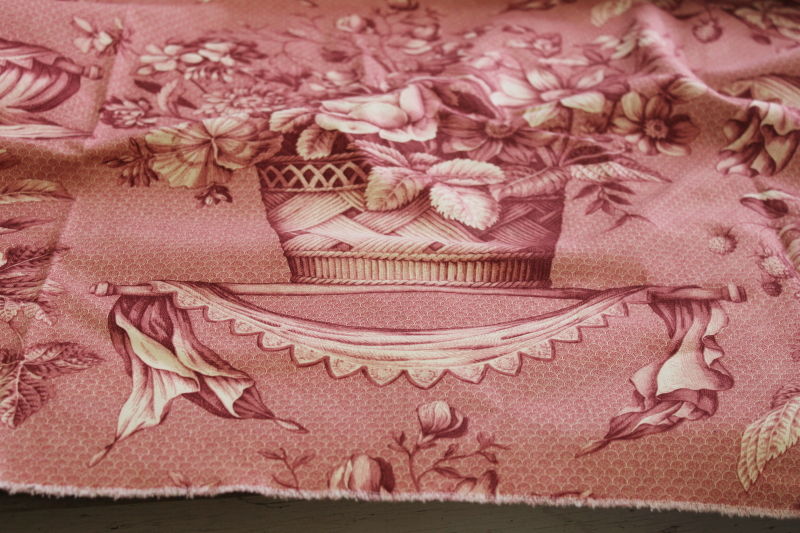 vintage Braemore cotton fabric, Victorian toile style fruit  flowers art print wine red