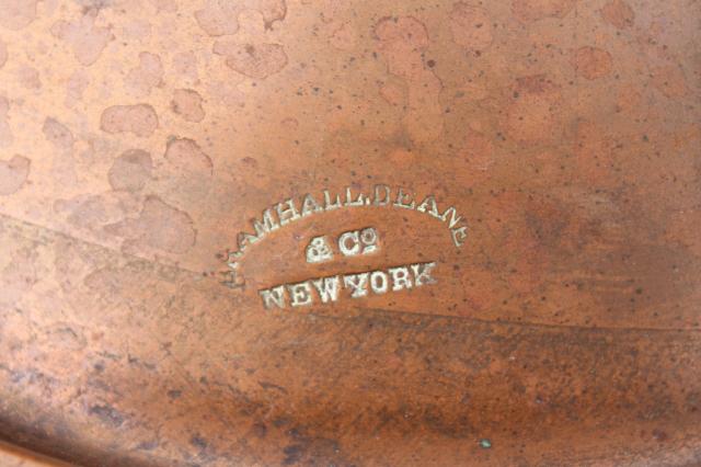 vintage Bramhall Deane large heavy copper french saute pan w/ lid, forged iron handles