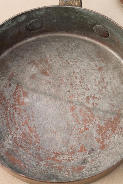 vintage Bramhall Deane large heavy copper french saute pan w/ lid, forged iron handles