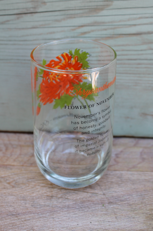 vintage Brockway glass Flower of the Month Chrysanthemum print tumbler November birthday