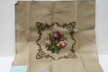 ready to hang PAIR Vintage French Petit Point needlepoint  Floral bouquets in wools Gold framed mounts Hand stitched