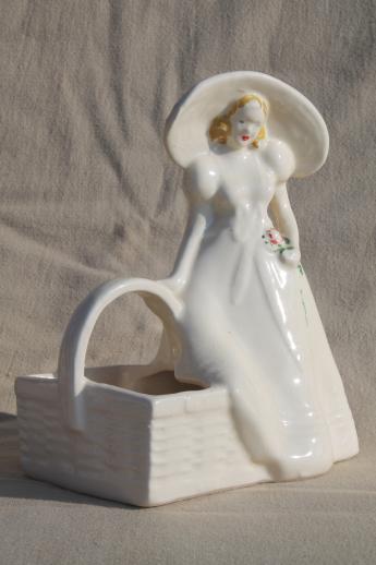 vintage Brush (McCoy) pottery planter w/ lady figure, southern belle in a picture hat