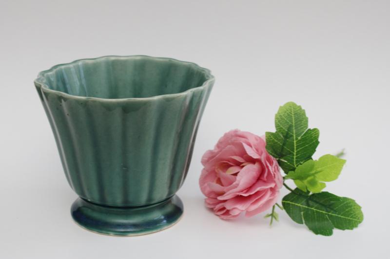 vintage Brush pottery flower pot planter, green glaze, footed scalloped ribbed shape