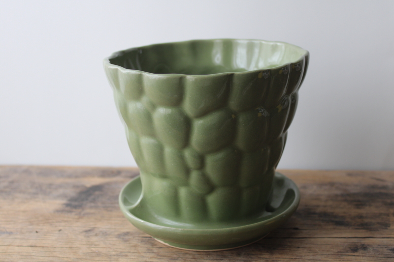 vintage Brush pottery planter pot w/ saucer, pebbled pattern floraline green