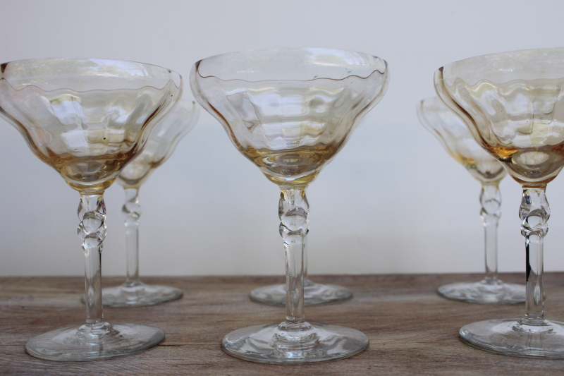 vintage Bryce coupe champagne or cocktail glasses, amber iridescent luster clear twist stem