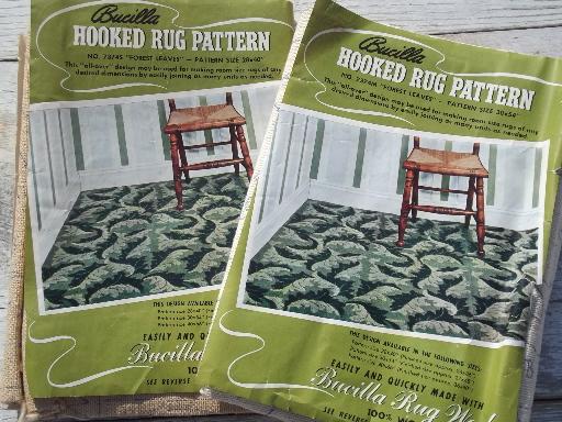 vintage Bucilla printed burlap canvas for set of hooked rugs, Forest Leaves