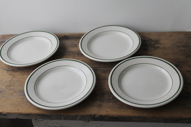 vintage Buffalo china ironstone restaurant ware, green band plates, coffee cups set for 4