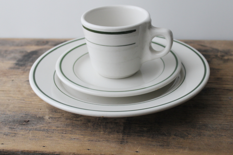 vintage Buffalo china ironstone restaurant ware, green band plates, coffee cups set for 4