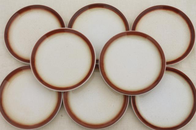 vintage Buffalo china plates tan spatter w/ brown border, western camp dishes