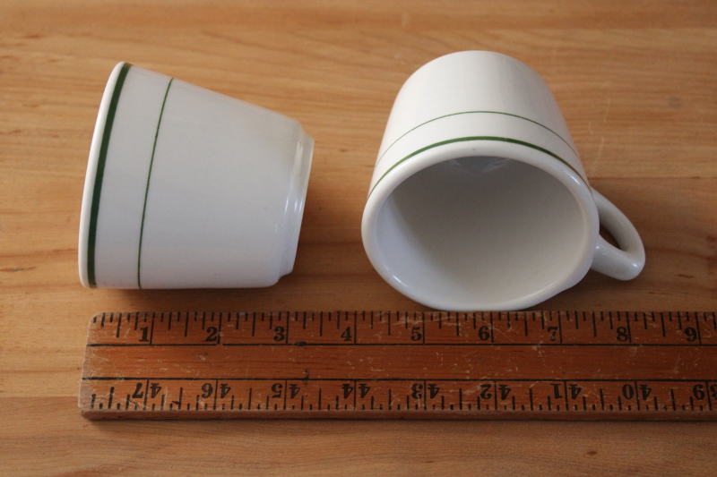 vintage Buffalo china restaurant ware coffee cups, forest green band white ironstone mugs