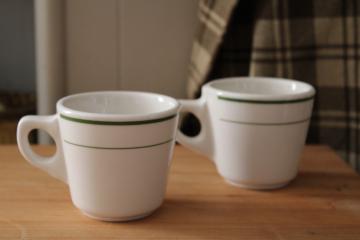 vintage Buffalo china restaurant ware coffee cups, forest green band white ironstone mugs