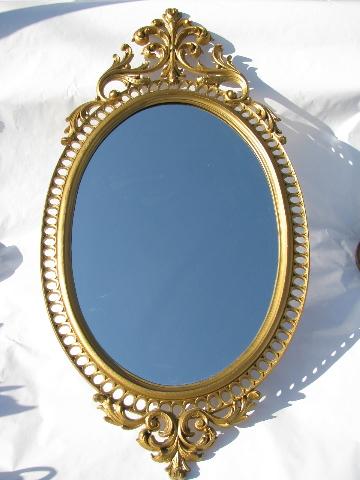 vintage Burwood, faux gold rococo plastic wall mirror, shelf & sconces set