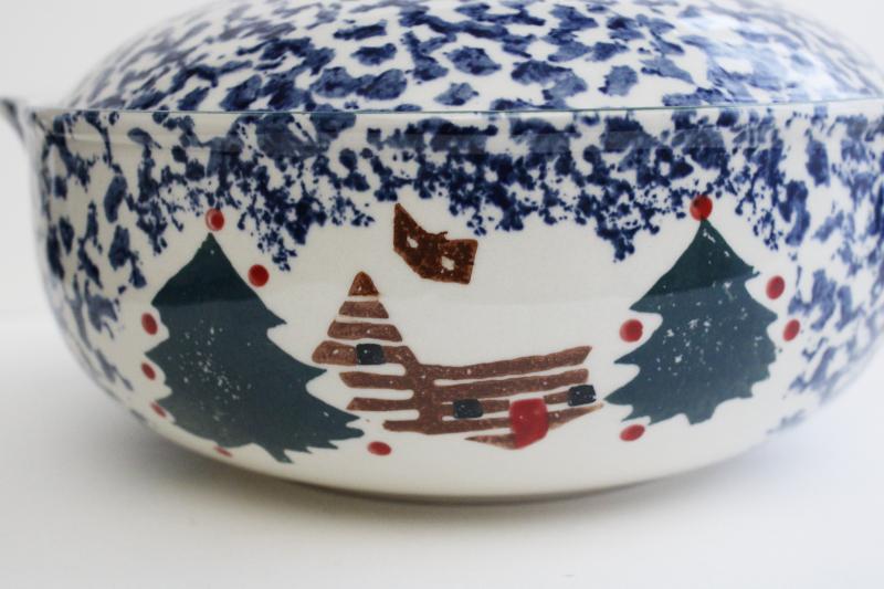 vintage Cabin in the Snow Folk Craft stoneware casserole covered bowl, Tienshan China