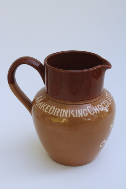 vintage Cadburys jug, Make Drinking Chocolate With Bournville Cocoa, 1920s pottery pitcher