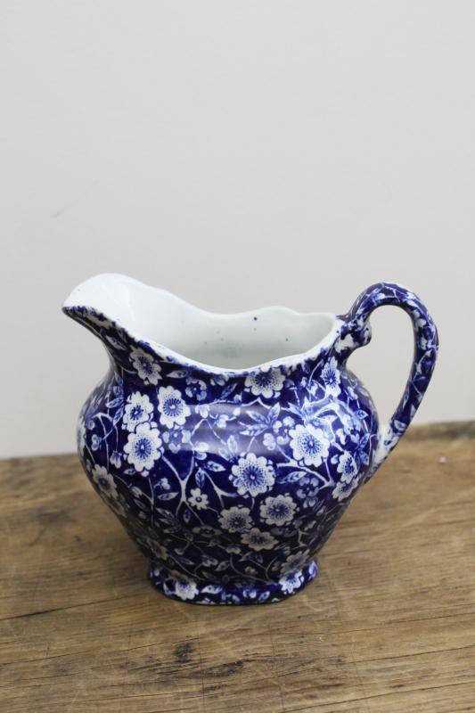vintage Calico blue chintz china milk jug or cream pitcher, Staffordshire creamer
