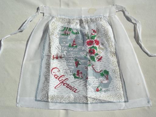 vintage California map cotton print kitchen apron, 50s 60s retro!