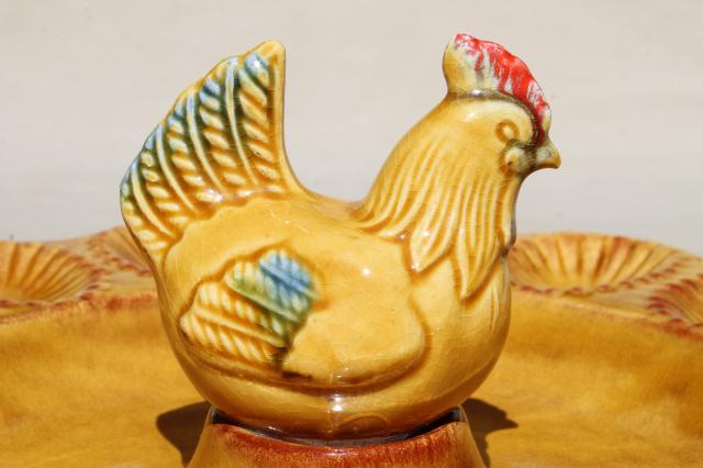vintage California pottery ceramic tray for deviled eggs, egg plate w/ little brown hen