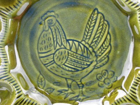 vintage California pottery divided egg plate, hen and flowers on green
