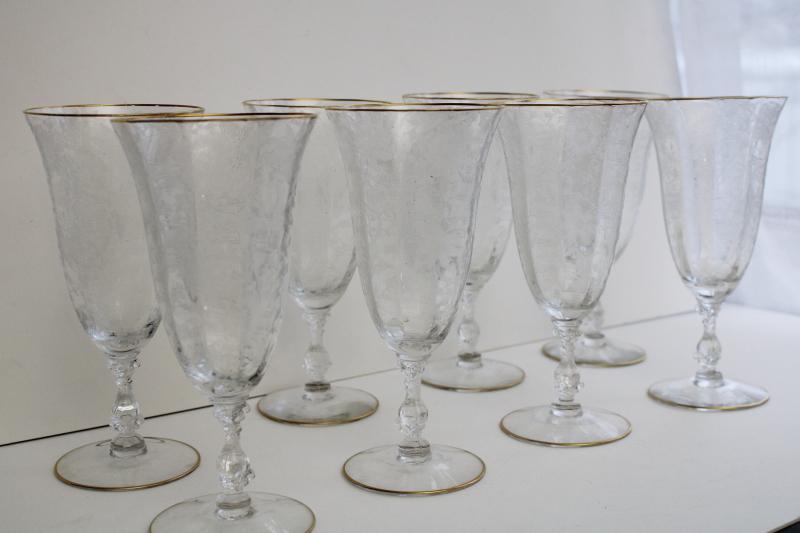 vintage Cambridge Wildflower etched crystal iced tea glasses, elegant glass stemware