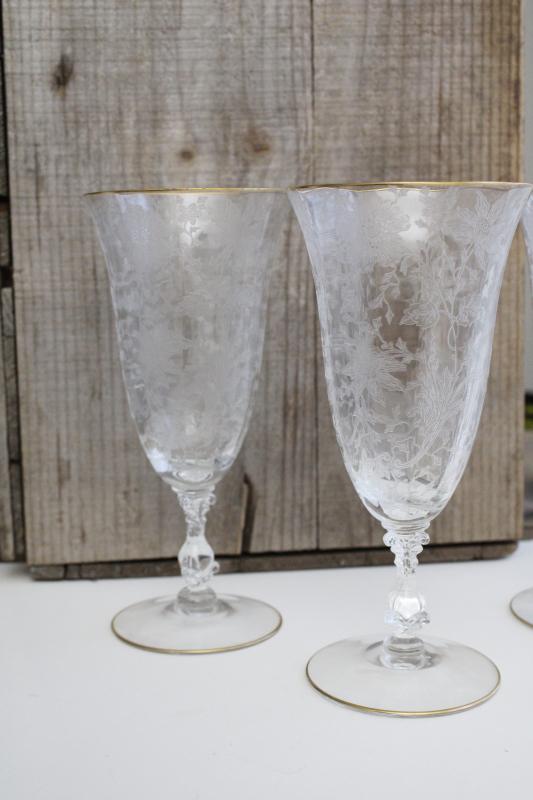 vintage Cambridge Wildflower etched crystal iced tea glasses, elegant glass stemware