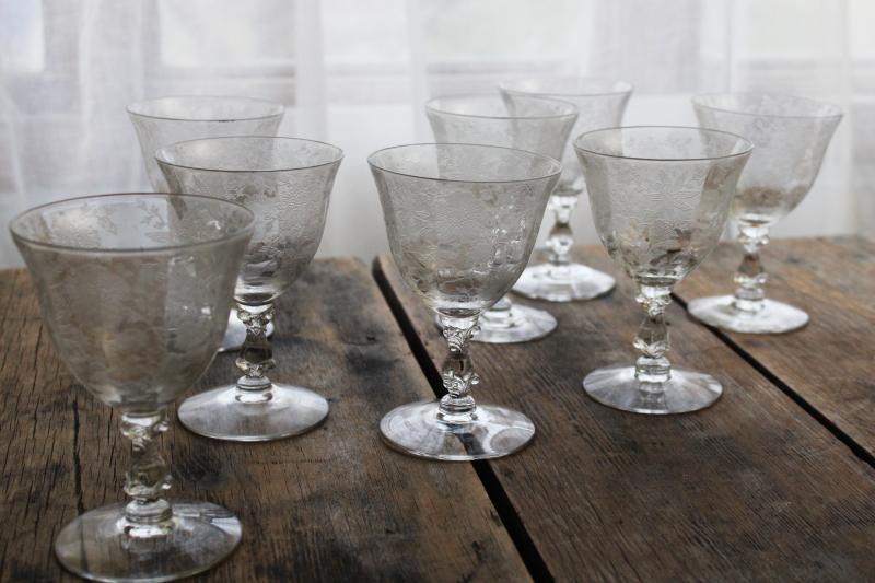 vintage Cambridge Wildflower etched crystal wine / cocktail glasses, elegant glass stemware