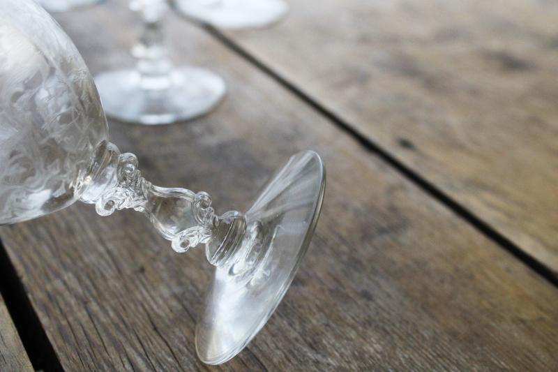 vintage Cambridge Wildflower etched crystal wine / cocktail glasses, elegant glass stemware