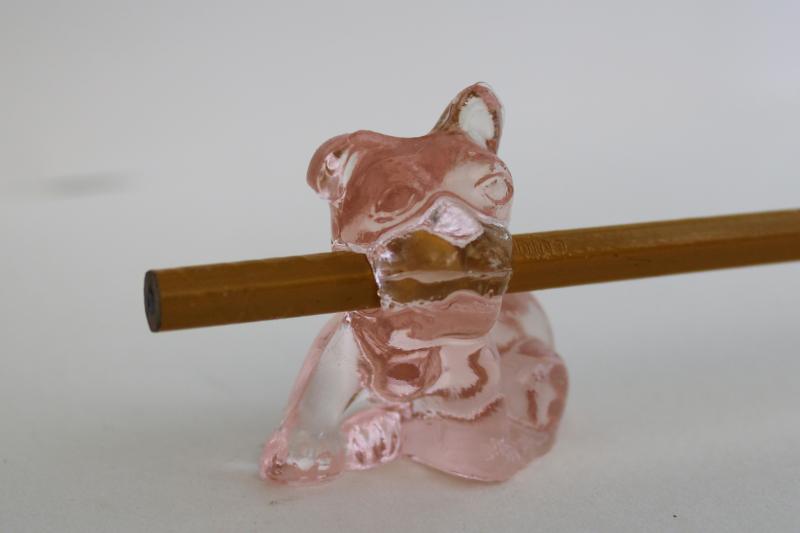 vintage Cambridge glass dog pencil holder, mini bulldog figurine pink depression glass