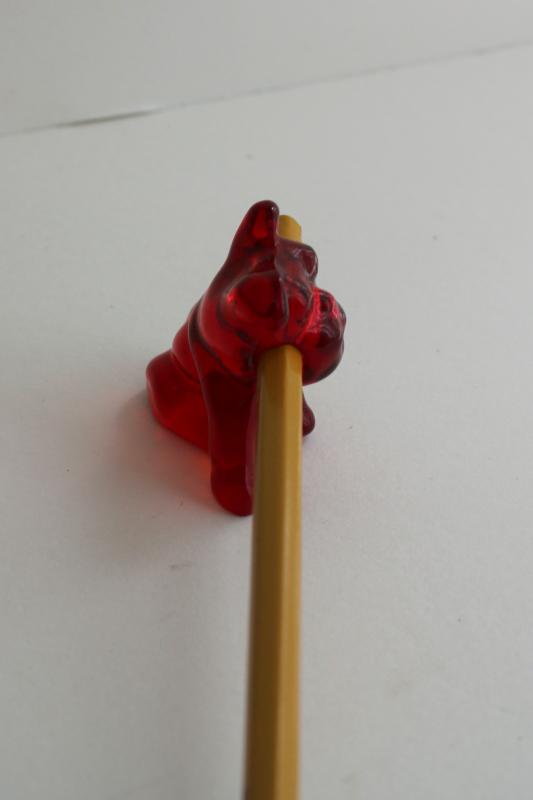 vintage Cambridge glass dog pencil holder, mini bulldog figurine ruby red glass