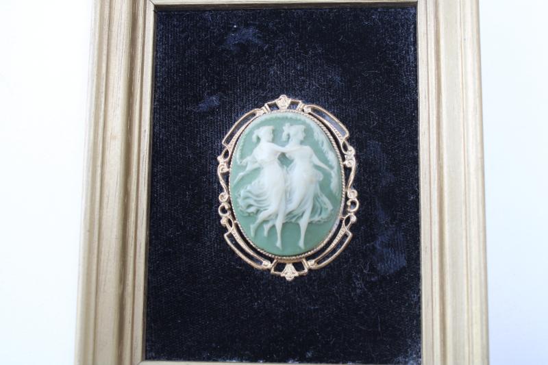 vintage Cameo creations style framed cameo, Incolay jade green & white 