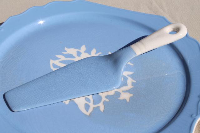 vintage Cameoware Harker china blue & white torte or sandwich tray, cake plate & server