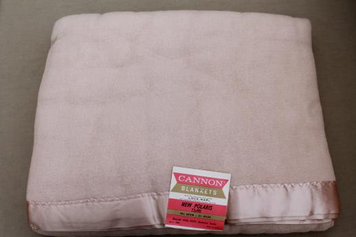 vintage Cannon label blanket, rose-buff plush bed blanket w/ satin binding