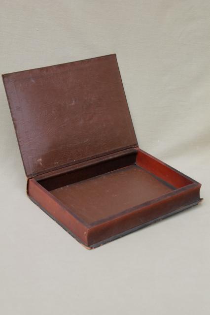 vintage Cherished Memories keepsake box, wood bookcase box w/ leather textured paper