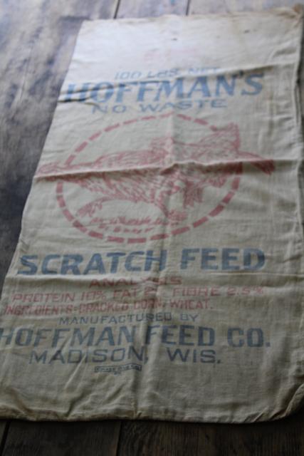 vintage Chicken Scratch cotton feed sack w/ print ad graphics, Hoffman Madison Wisconsin