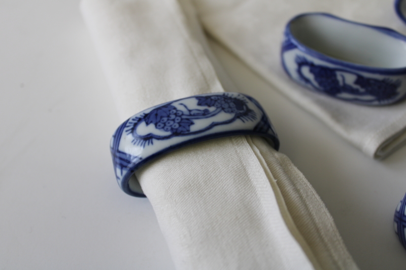 vintage China blue  white porcelain napkin rings, set of napkin holders w/ tiny monkeys