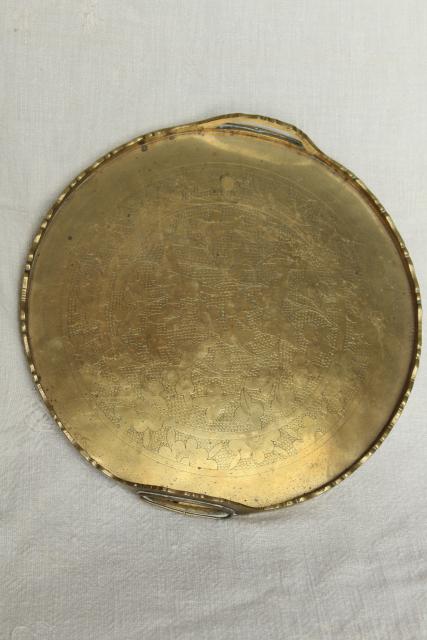 vintage Chinese brass tray, chinoiserie etched solid brass, small round tray 