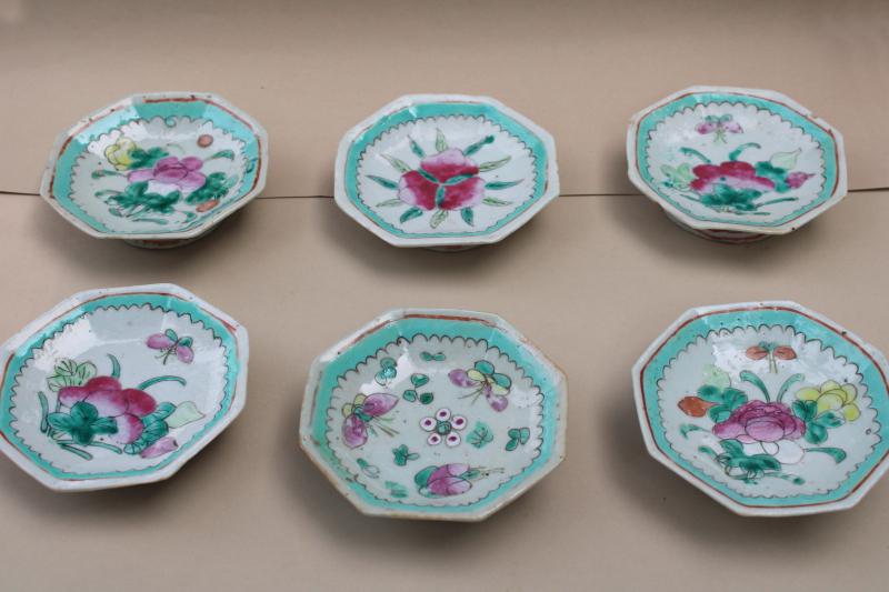 vintage Chinese chop mark pottery hand painted sauce dishes or dipping bowls