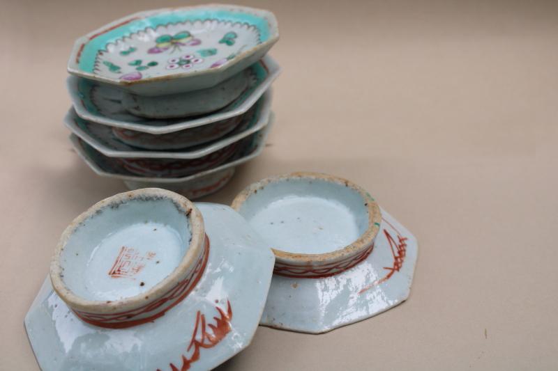 vintage Chinese chop mark pottery hand painted sauce dishes or dipping bowls