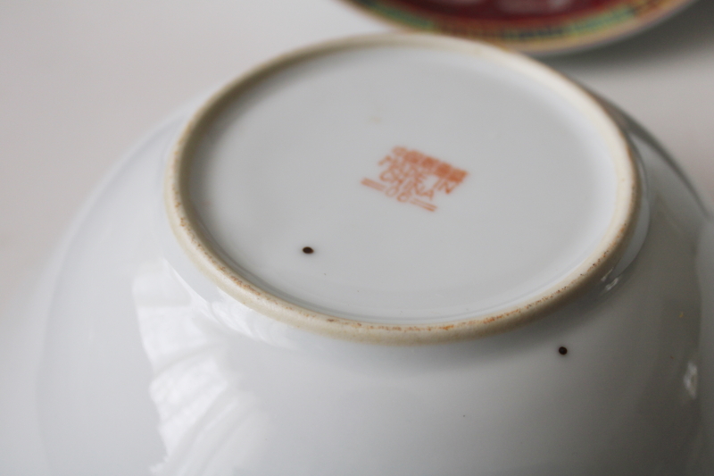 vintage Chinese hand painted porcelain dinnerware, Mun Shou famille rose red, large bowls for