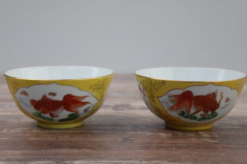 vintage Chinese hand painted porcelain rice or noodle bowls, yellow w/ orange koi fish