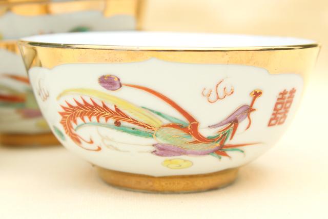 vintage Chinese porcelain rice or noodle bowls w/ hand painted dragons, made in China