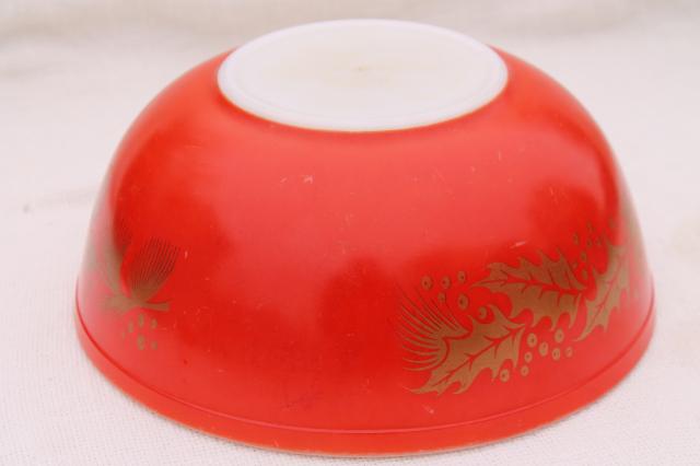 vintage Christmas Pyrex, red & gold holiday holly & pine cone mixing bowl or punch bowl